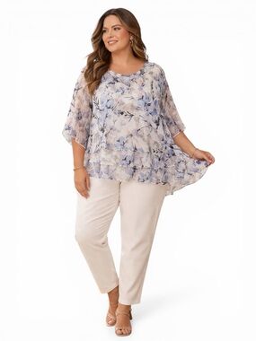 NWT Alex Evenings Plus 3X Floral Blouse Flowy Ruffle Chiffon Resort Cruise Top
